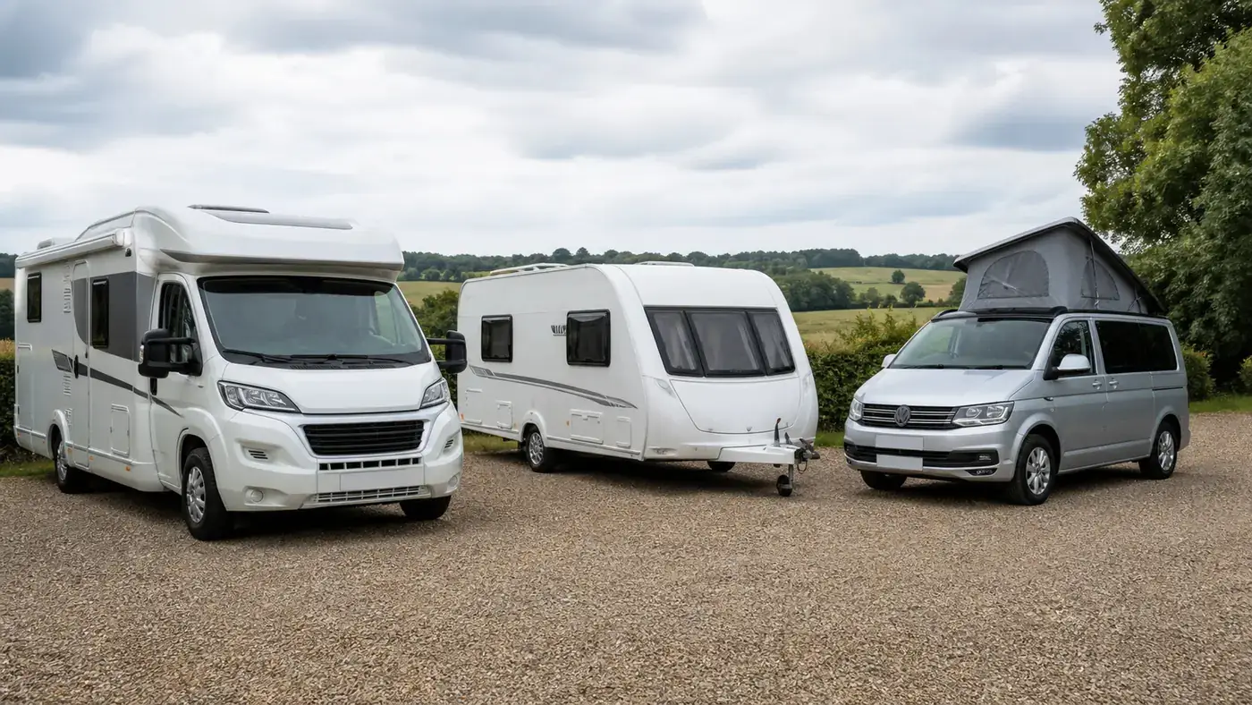 Motorhome and caravan side by side at a UK campsite