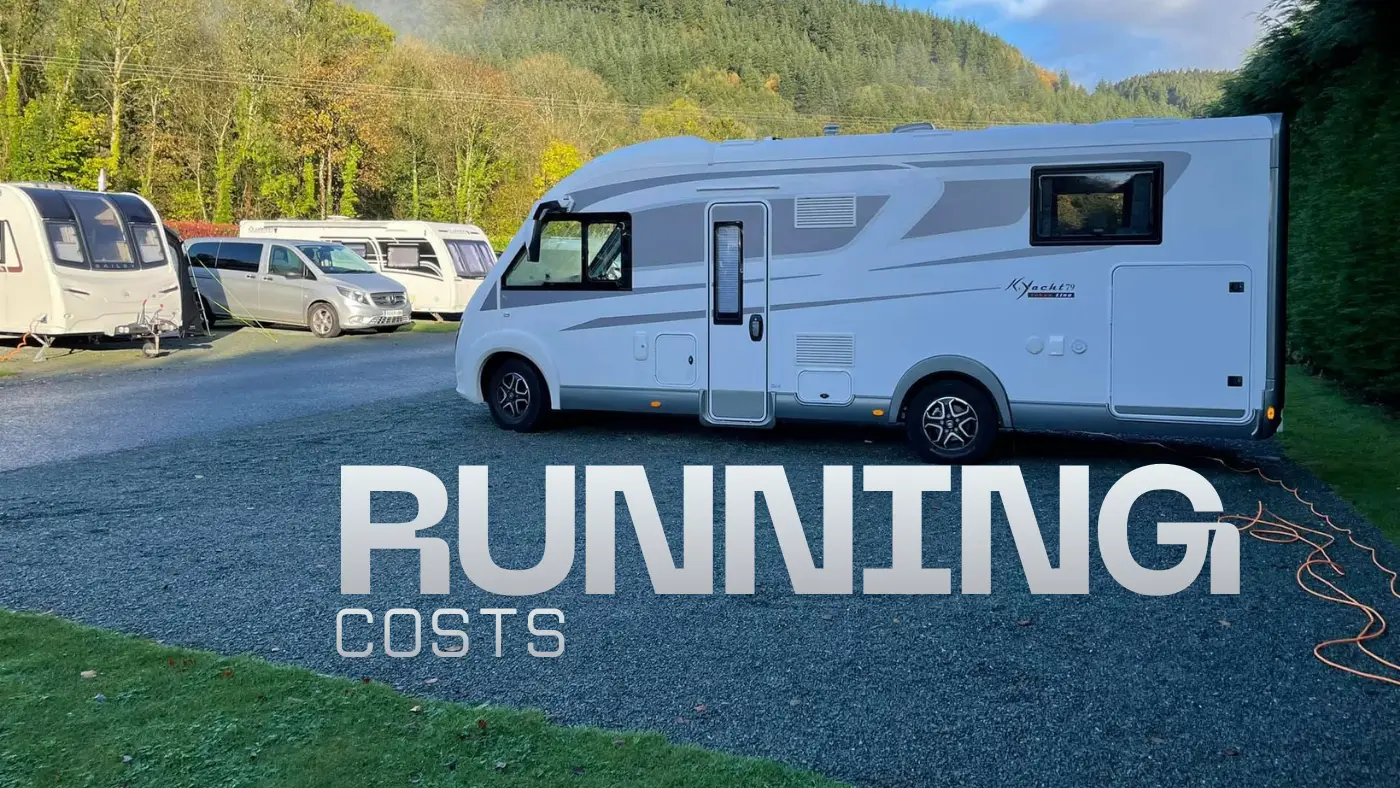 Motorhome parked at a UK campsite with running cost figures overlay