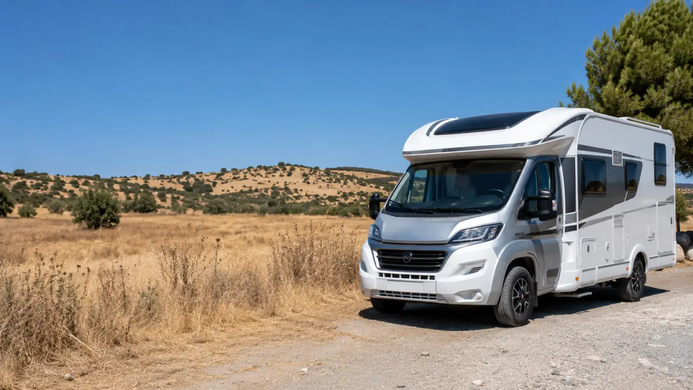 motorhome parked in open countryside with dry grassland nearby